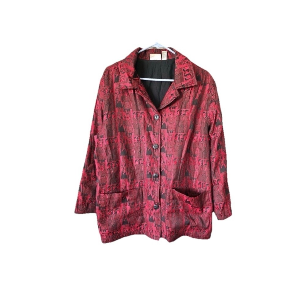 Chico's Design Silk Red Persian Kashmiri Face Characters Tapestry Blazer 3 (XL)